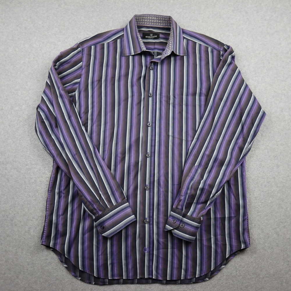 Bugatchi Uomo Button Down Shirt Mens L Purple Grey Striped Paisley Trim Cotton